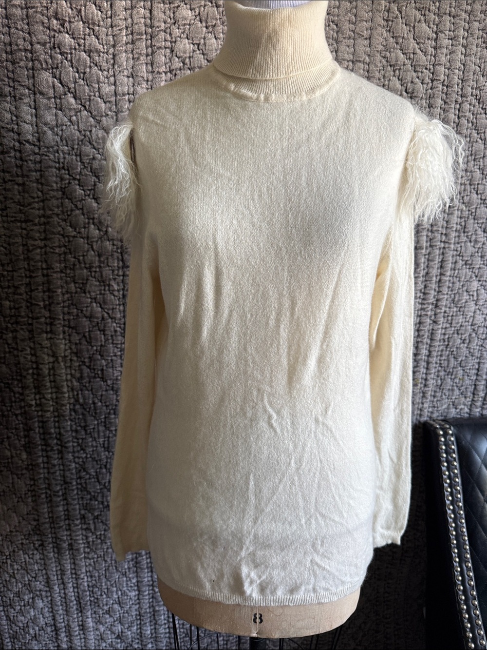 Women's Cream Turtleneck Sweater with Feather Shoulder Detail 100% Cashmere2Ply